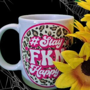 Stay fkn happy leopard print mugs